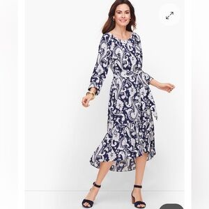 NWT Talbots FLOUNCE HEM MIDI DRESS Pretty Navy White Paisley Petite Large New